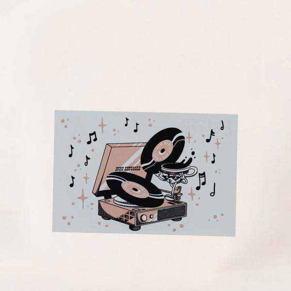 HIGH FIDELITY HIGH CAFFEINE RECORD PLAYER POSTCARD