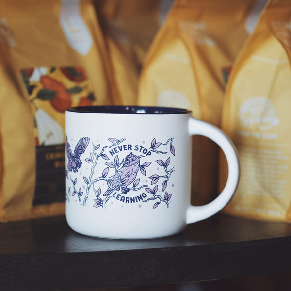 NEVER STOP LEARNING OWL MUG