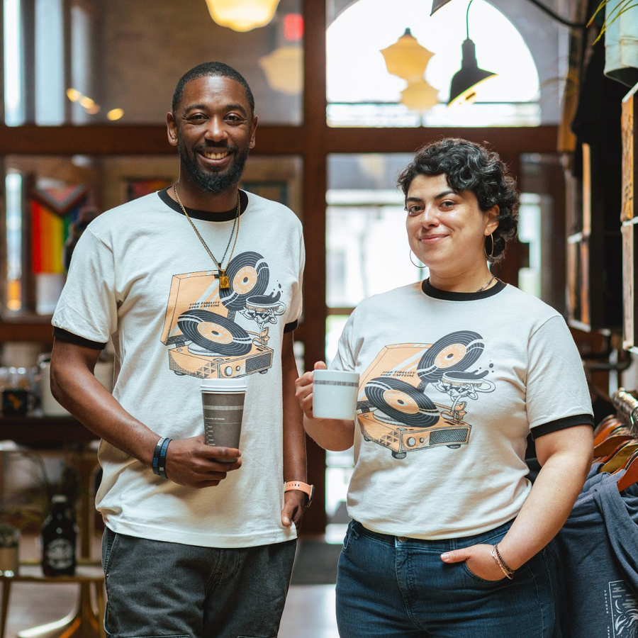 RECORD PLAYER RINGER TEE | Coffee Apparel & Merch - Stone Creek Coffee