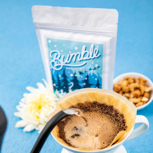 Bumble with v60, flowers, and cashews
