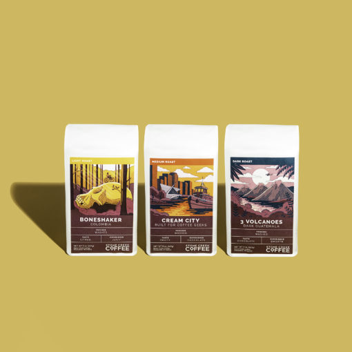 Cups of Cheer coffee bags on yellow background